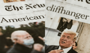 The New York Times front page showing Biden and Trump with the words "American Cliffhanger"